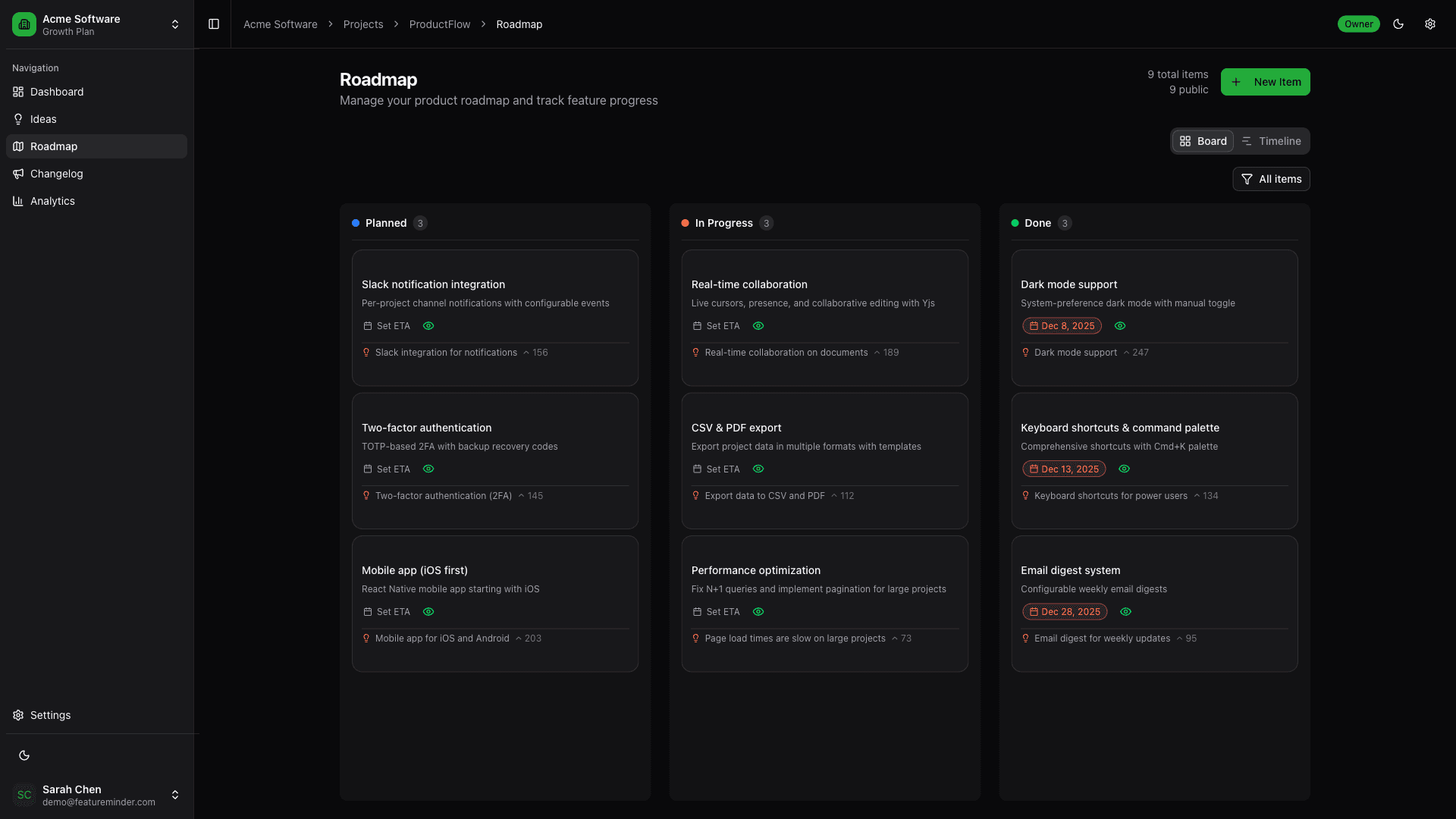 Feature Minder roadmap board with Planned, In Progress, and Done columns