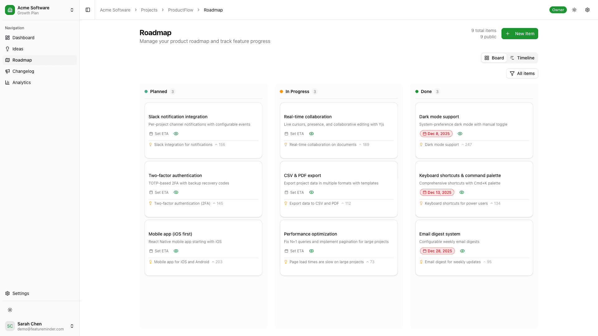 Feature Minder roadmap board with Planned, In Progress, and Done columns